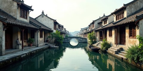 Serene Canal Scene Traditional Architecture, Stone Bridge, and Tranquil Water Reflecting Peaceful Buildings