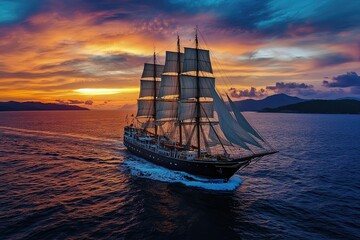 Obraz premium Majestic Tall Ship Sailing at Sunset Over Ocean Waters