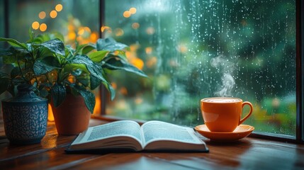 Rainy day, coffee, book, plants, window, cozy, reading, home, relaxation, comfort