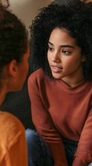 Two women are sitting on a couch and talking
