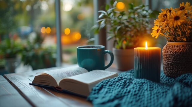 Cozy autumn evening reading, tea, candlelight, window view, relaxation