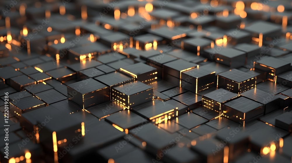 Poster glowing digital urban energy grid with radiant connected buildings in 3d futuristic cityscape with i