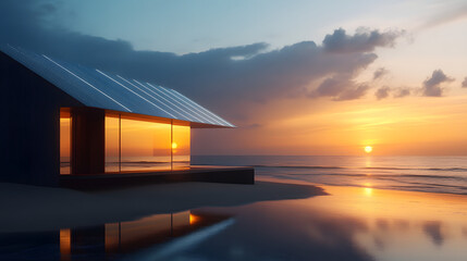 Obraz premium A minimalist beach house with solar panels reflecting the light of the setting sun over the ocean.