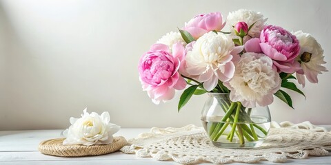 Delicate pink and white peonies arranged in a clear glass vase on a crocheted lace doily
