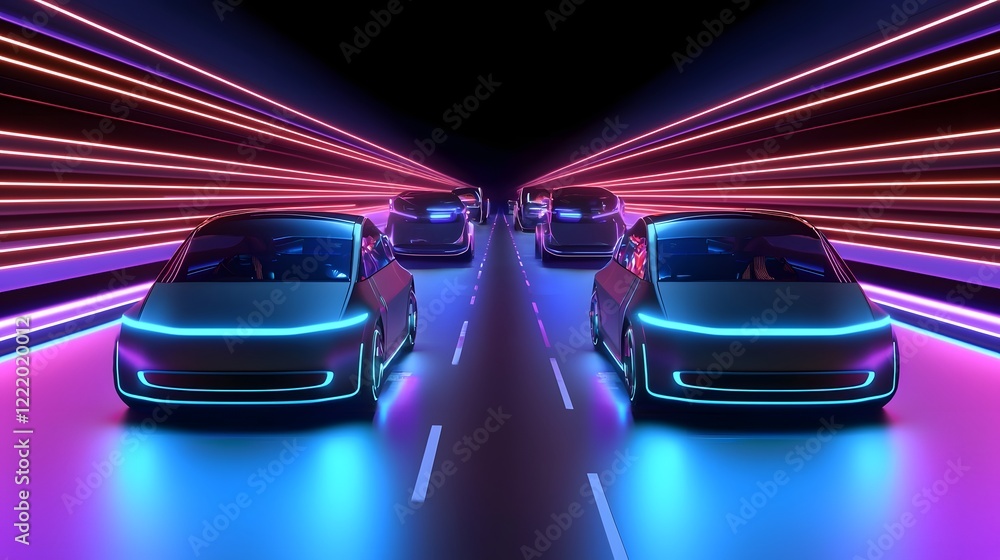 Poster high speed electric autonomous cars competing in a futuristic raceway surrounded by vibrant neon lig