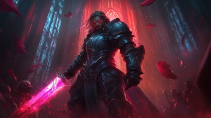 A cyber paladin with a glowing energy sword, standing in a cathedral of light and holograms