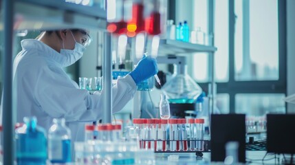 Scientist conducts experiment in modern lab, research in background