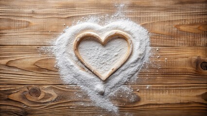Heart-shaped flour dusting on rustic wood background for baking recipes