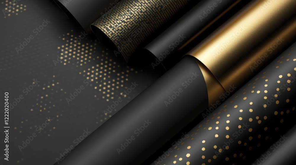 Poster rolled sheets in black and gold showing patterns for backdrop, design or presentation background
