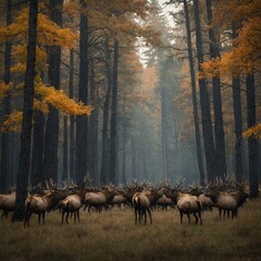 The migration of elk through a vast forest during autumn.