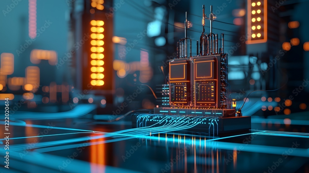 Poster intelligent energy grid infrastructure with bright digital connections and 3d of a futuristic citysc