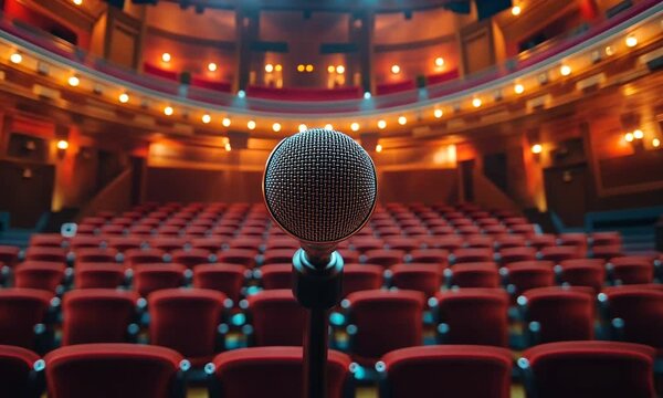 A microphone stands in the foreground of an empty theater, highlighting the anticipation of a performance