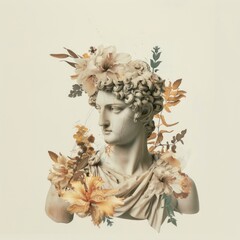 Classical statue adorned with flowers