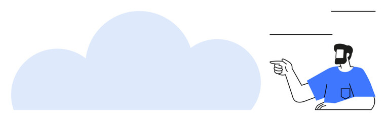 Man in blue shirt pointing towards a large pale blue cloud. Ideal for technology, networking, cloud computing, data storage, communication, guidance, education. Simplified abstract line flat metaphor