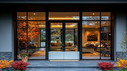 Modern House with Autumnal Tree Reflected in Large Windows