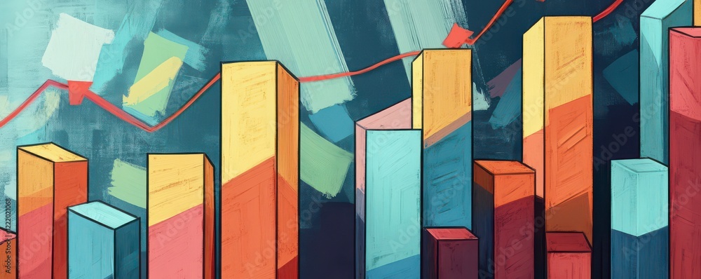 Poster a colorful bar graph with varying heights and a red line overlay, representing data trends and analy