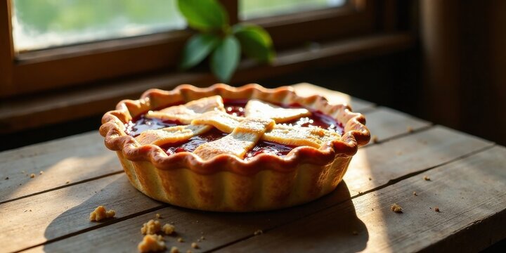 A rustic, sunlit berry pie with a lattice crust sits on a weathered wooden table near a window