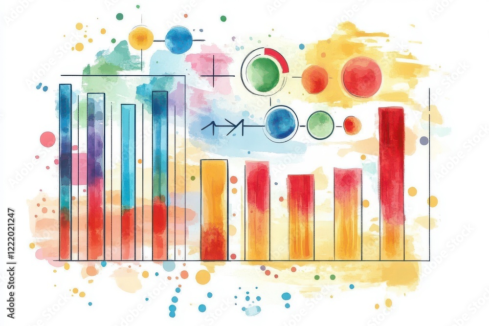 Poster a vibrant watercolor illustration of bar graphs and circular data representations, symbolizing data 