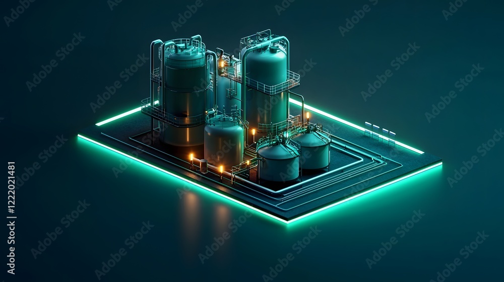 Poster luminous green energy plant futuristic 3d of clean tech infrastructure with glowing pipelines tanks 
