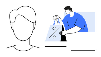 Stylized person holding shopping bags with discount symbol, next to blank avatar silhouette. Ideal for e-commerce, shopping, retail, sales, marketing, avatars web design. Line metaphor