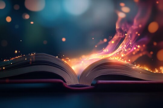 Libro abierto con efectos m&aacute;gicos de luz y part&iacute;culas brillantes, concepto de imaginaci&oacute;n, fantas&iacute;a y conocimiento infinito