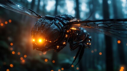 A cybernetic firefly with glowing energy cores, lighting up a dense futuristic forest at night