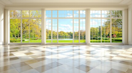 Sunlit room, autumnal park view, large windows,  checkerboard floor, interior design