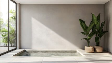 Luxurious indoor spa pool with thermal water surrounded by lush tropical plants and greenery in a modern minimalist and tranquil home setting  Peaceful and calming atmosphere for a relaxing