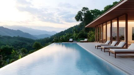 Fototapeta premium Luxurious infinity pool overlooking a lush verdant jungle landscape with a modern villa in the background offering a serene and tranquil retreat in a tropical paradise