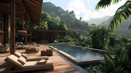 Fototapeta premium Luxurious jungle resort featuring hanging hammocks outdoor spa areas and stunning views of the surrounding lush tropical landscape A tranquil and secluded oasis for relaxation and wellness