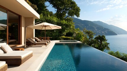 Fototapeta premium Luxurious Mediterranean Coastal Villa with Infinity Pool and Lush Verdant Gardens Offering Panoramic Views and Serene Ambiance for a Peaceful Vacation Retreat