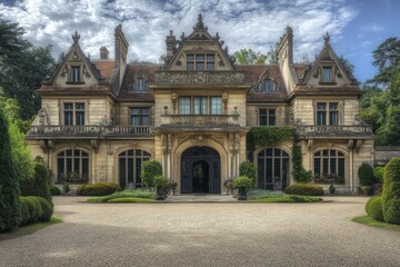 Fototapeta premium A stately manor house with a symmetrical design, ornate stonework, and a gravel driveway