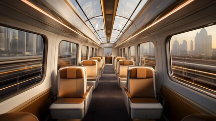 Fototapeta premium Luxurious train observation car with panoramic glass ceilings and opulent seating showcasing an elegant and exclusive interior design for a premium travel experience