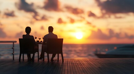 Obraz premium Luxurious yacht deck with a couple savoring a gourmet dinner while taking in the breathtaking sunset views over the tranquil ocean An exclusive sophisticated lifestyle experience