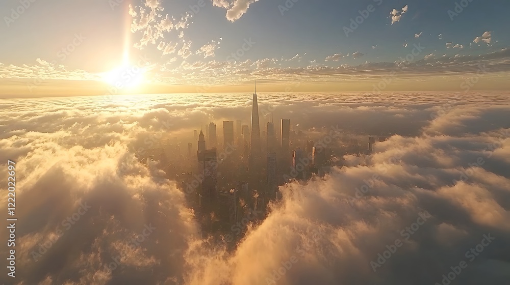 Poster majestic aerial view of a modern urban skyline surrounded by soft billowing clouds and glowing warm 