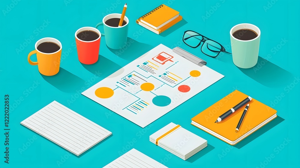Poster minimalist and clean isometric view of a strategic business flowchart laid out on a desk with coffee