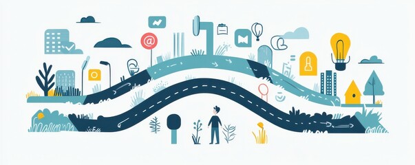 A colorful, abstract illustration depicting a winding road with various icons representing technology, nature, and urban life.