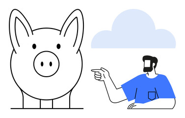 Man pointing at large piggy bank, blue cloud in the background. Ideal for savings, investment, financial planning, budgeting, banking, future planning wealth management. Abstract line flat metaphor