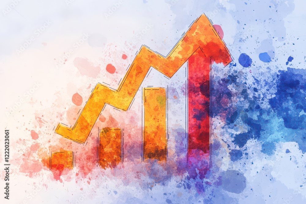 Poster a colorful, abstract representation of an upward trend in data, featuring bars and a line graph, sym