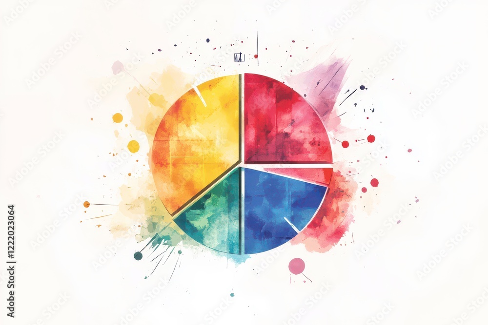 Poster a colorful pie chart with watercolor splashes, representing data visualization and creative design i