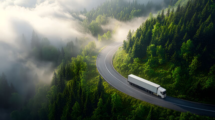 Fototapeta premium Truck Driving on Winding Road Through Lush Forest and Misty Landscape