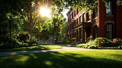 Obraz premium Sunlit Urban Landscape with Greenery and Historic Architecture