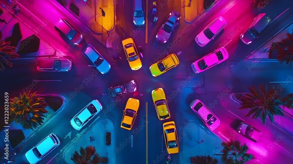 Poster overhead view of a busy city intersection at night with a dynamic array of colorful cars vehicles an