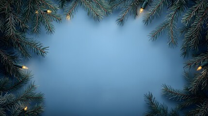 Obraz premium Festive Evergreen Branches with Warm Lights on Soft Blue Background