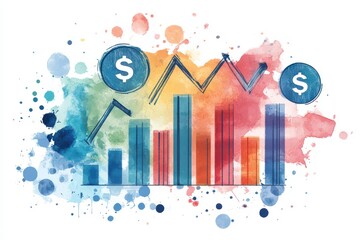 A colorful watercolor illustration of financial graphs and dollar signs representing economic growth and data analysis.