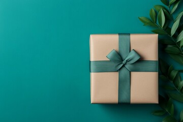 Present box with green ribbon and green leaf on a neutral background for gift giving