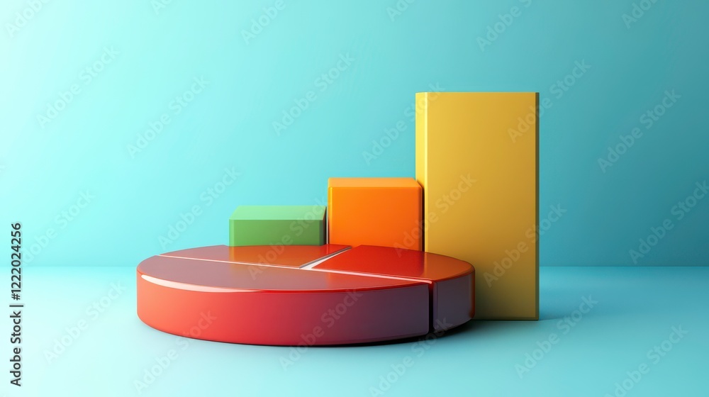 Poster a colorful 3d representation of data analysis featuring a pie chart and bar graph on a light blue ba