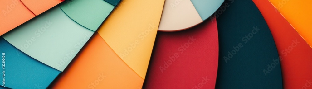 Poster a vibrant composition featuring layered, curved sections in various colors, creating a dynamic and v