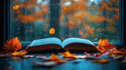 Rainy autumn day, open book on windowsill, fall leaves