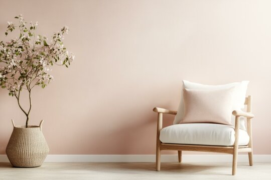 Pink wall interior design featuring white chair and vase filled with flowers